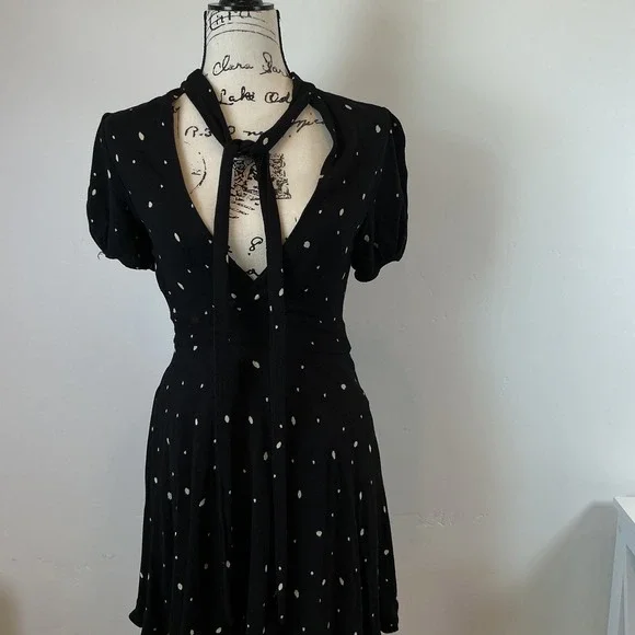 Free People Mini Dress Polka Dot Tie Neck Short Sleeve Black S - Picture 4 of 7